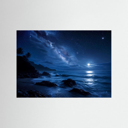 Küsten-Poster mit Mondlicht, Sternenhimmel und Felsenküste, Querformat, ohne sichtbaren Rahmen