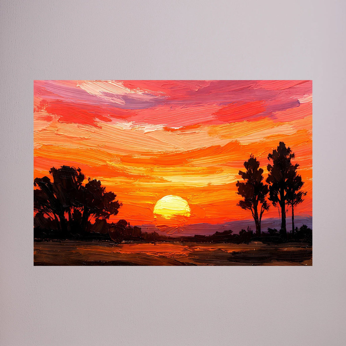 Acryl-Poster im Querformat mit orange-rotem Sonnenuntergang und dunklen Baum-Silhouetten