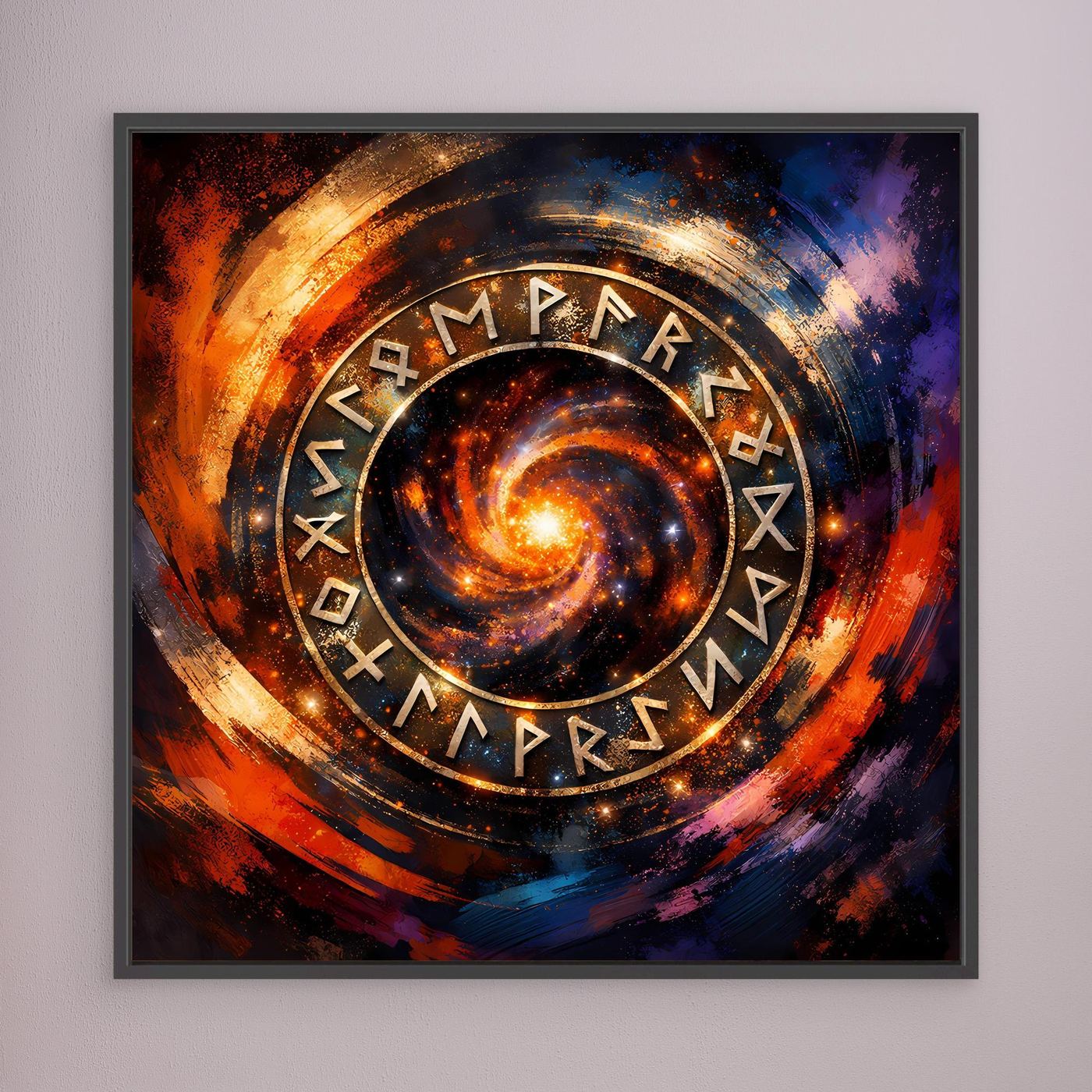 Leinwand-Wandbild mit Runenkreis im Weltraumstil, rechteckig, schwarz eingefasst.