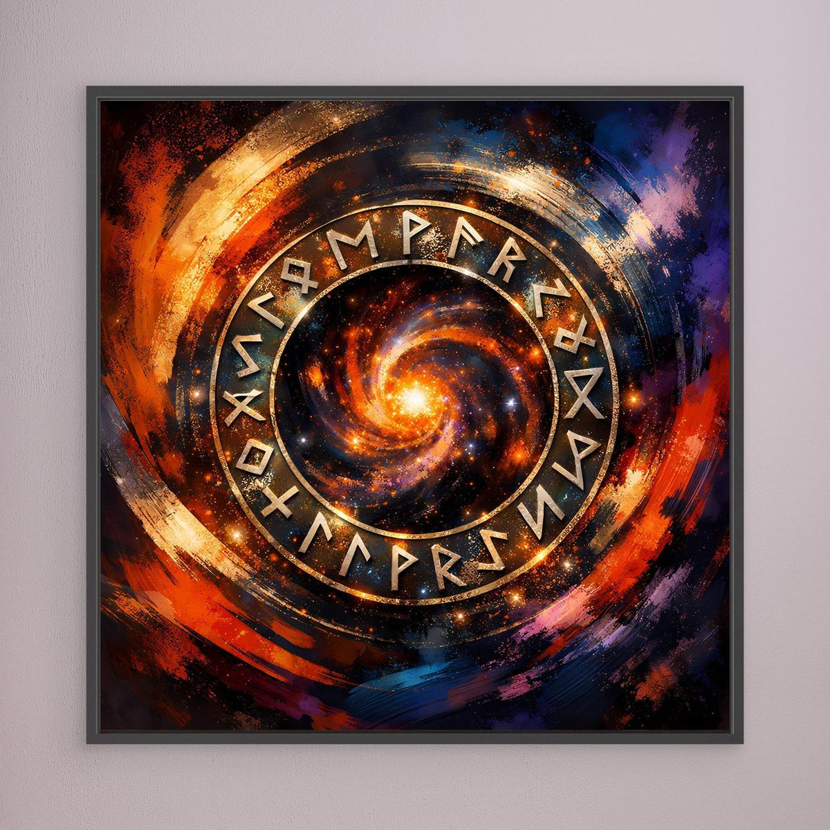 Leinwand-Wandbild mit Runenkreis im Weltraumstil, rechteckig, schwarz eingefasst.