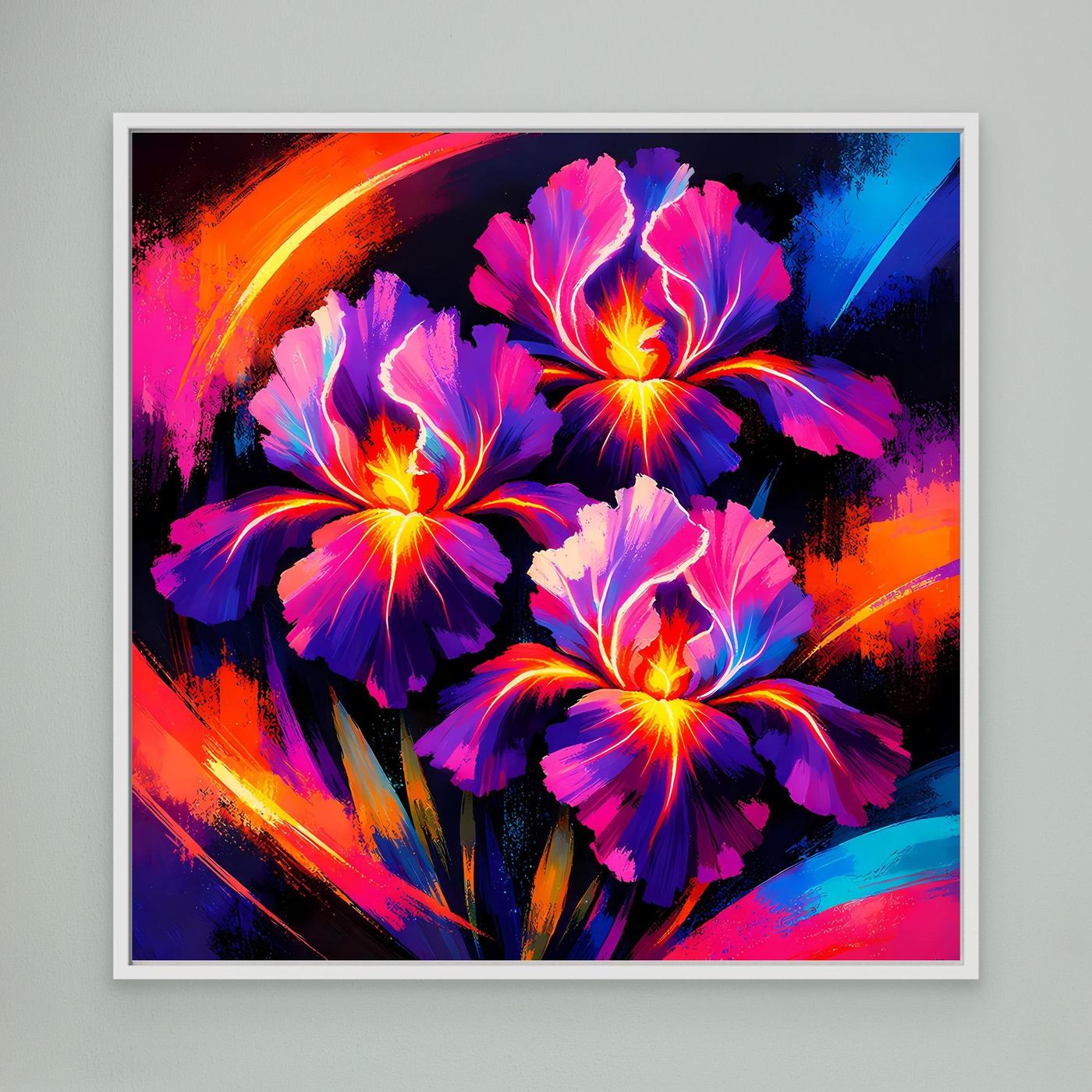 Leinwand-Wandbild mit abstrakten Irisblüten in Neonfarben, weißer Rahmen