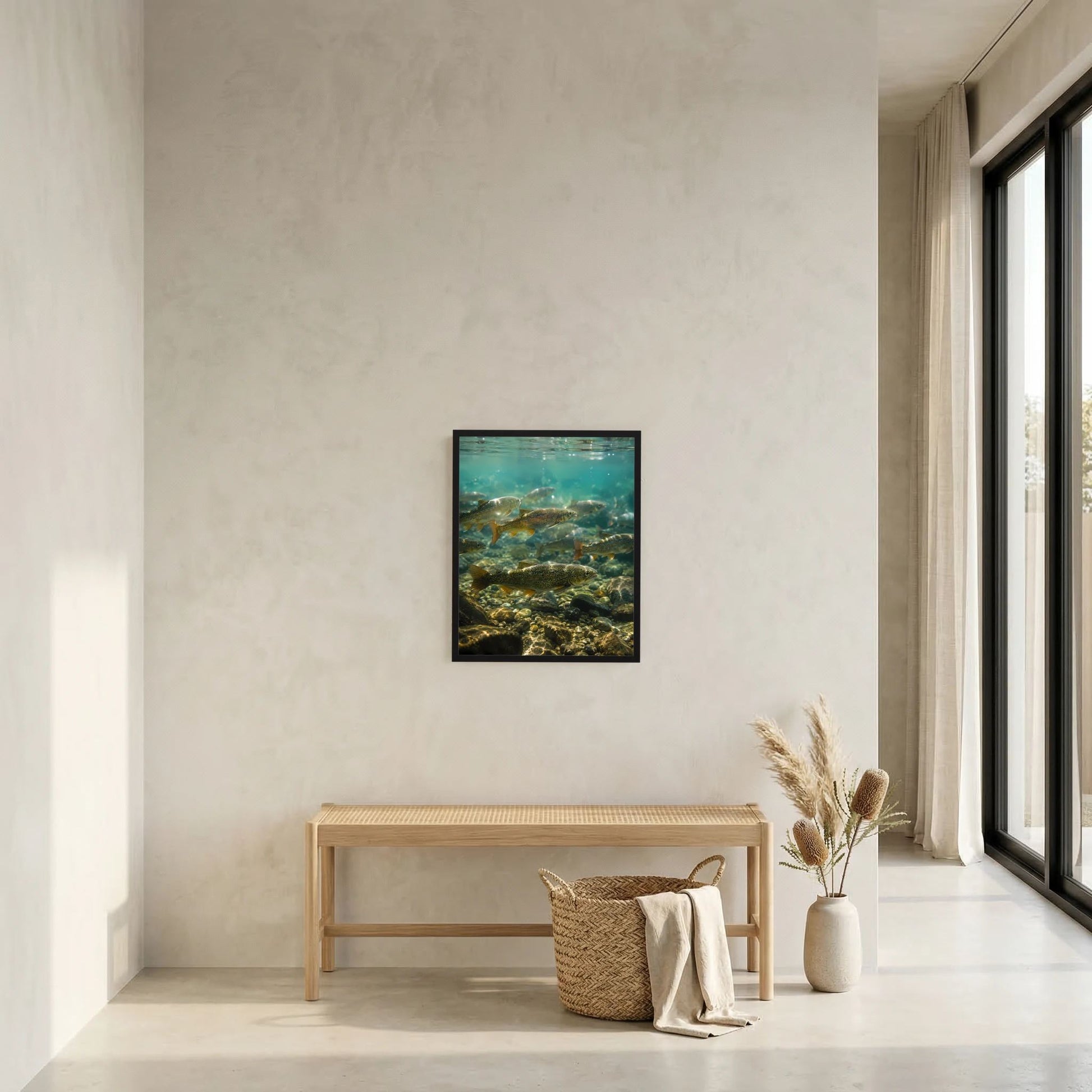 Wandposter mit Unterwasserwelt und Forellen, kleiner schwarzer Rahmen, Hochformat.