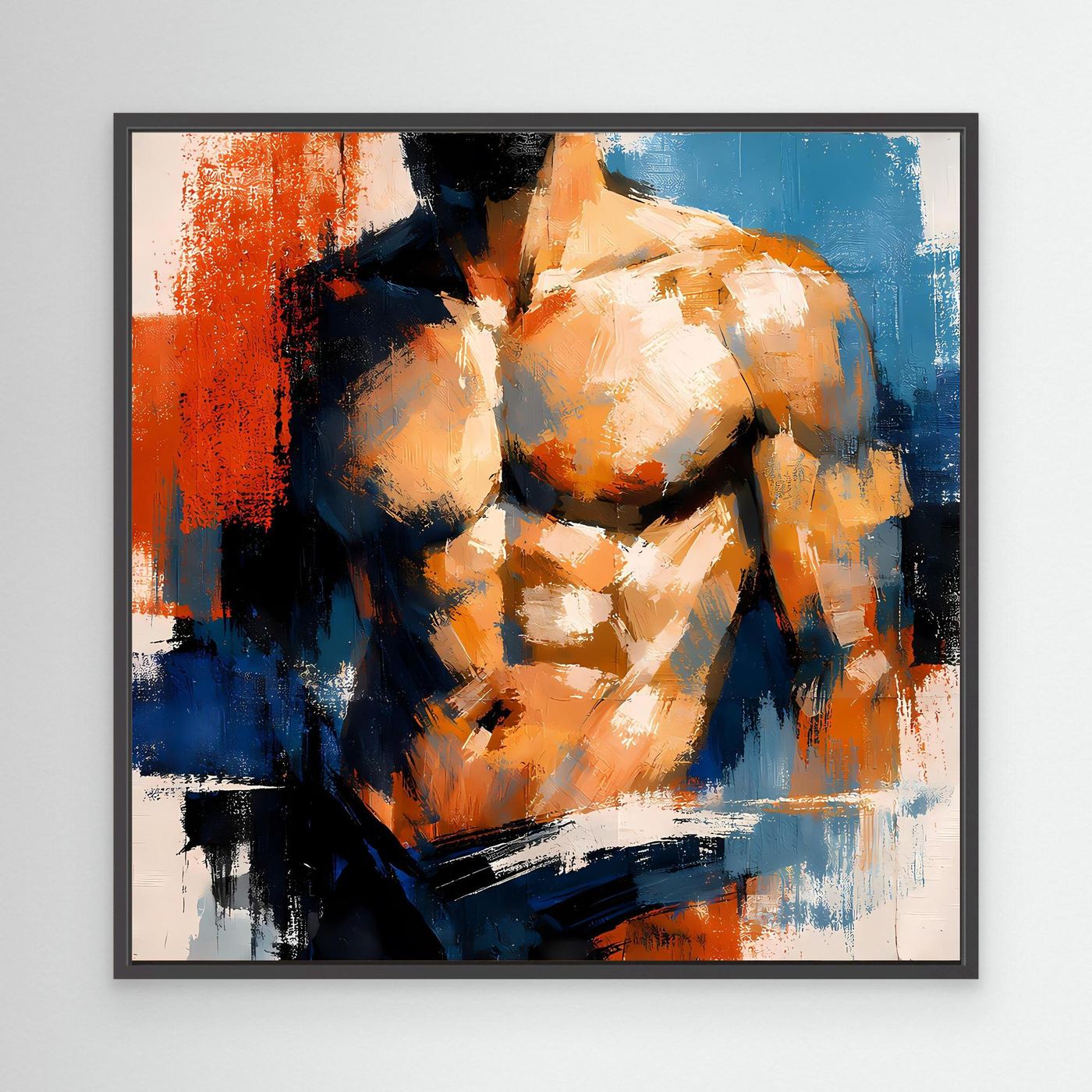 Athletic male torso canvas wall art with black frame, blue orange and black abstract strokes