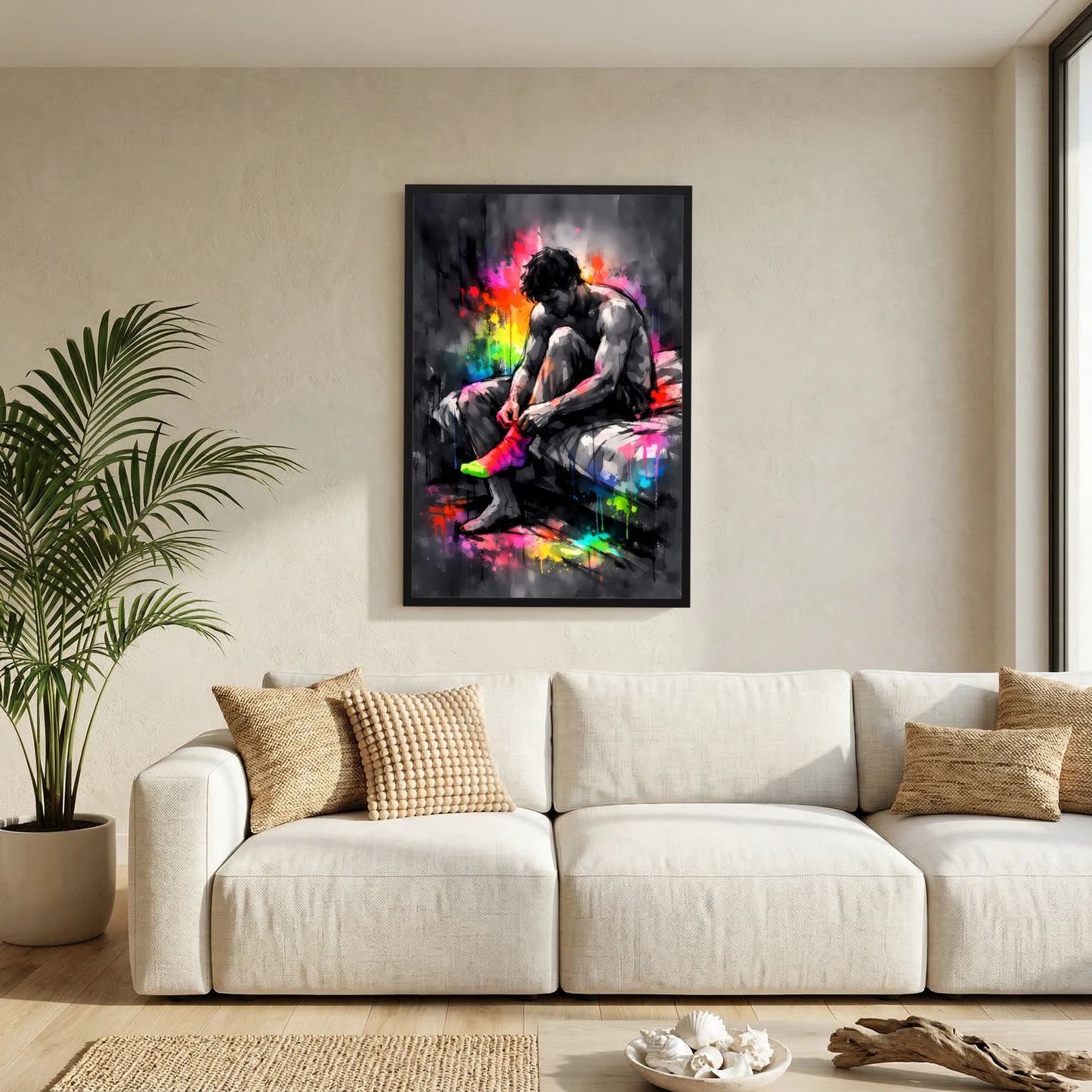 Wandbild im Hochformat: Mann zieht Socken an, abstrakte Neon-Farbexplosion, dunkler Rahmen.