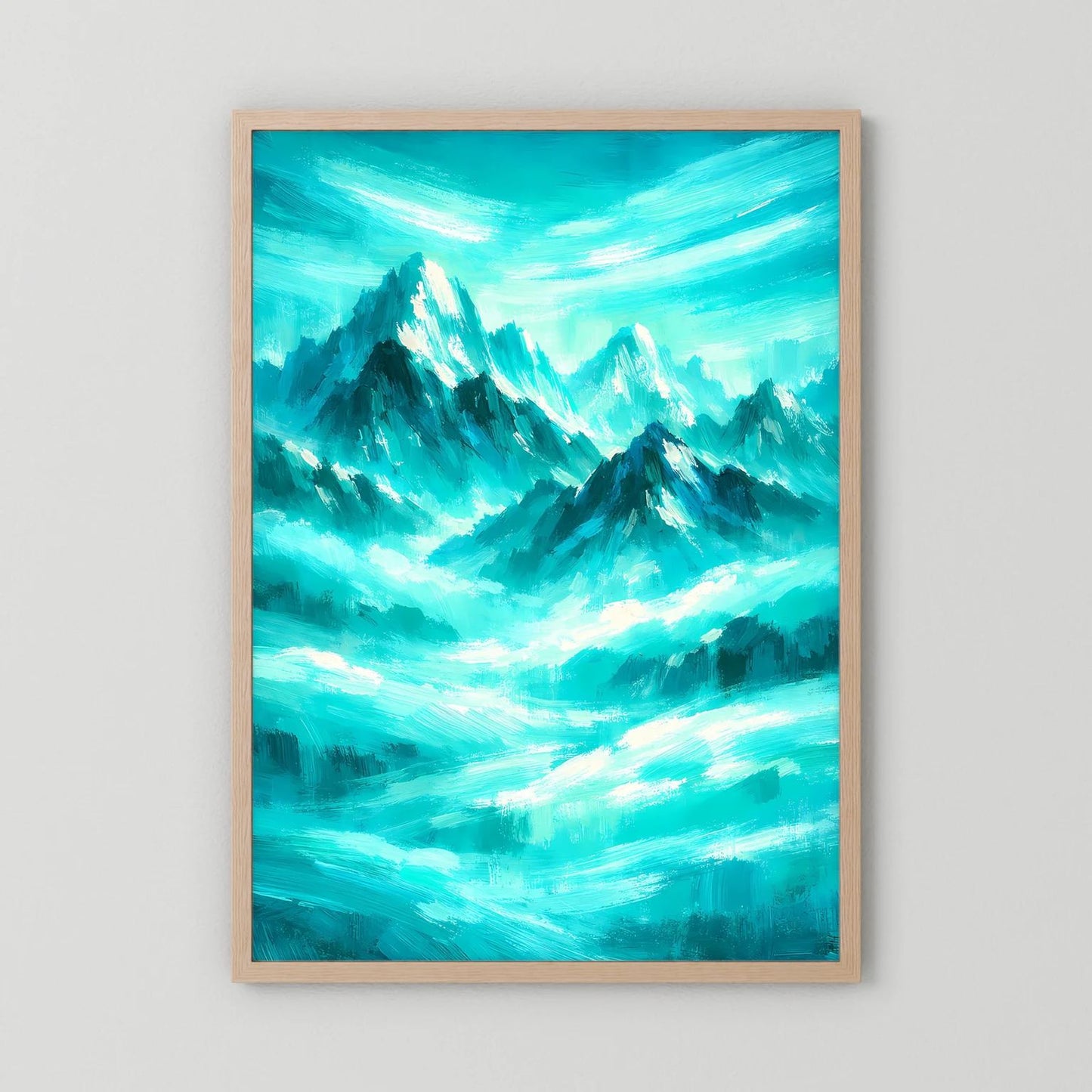 Wandbild im Hochformat mit abstrakten türkisfarbenen Bergen und hellem Holzrahmen