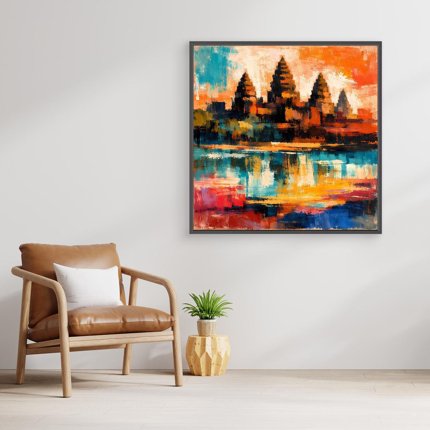 Abstraktes Leinwand-Wandbild mit Maya-Pyramide am Wasser, mit schwarzem Rahmen