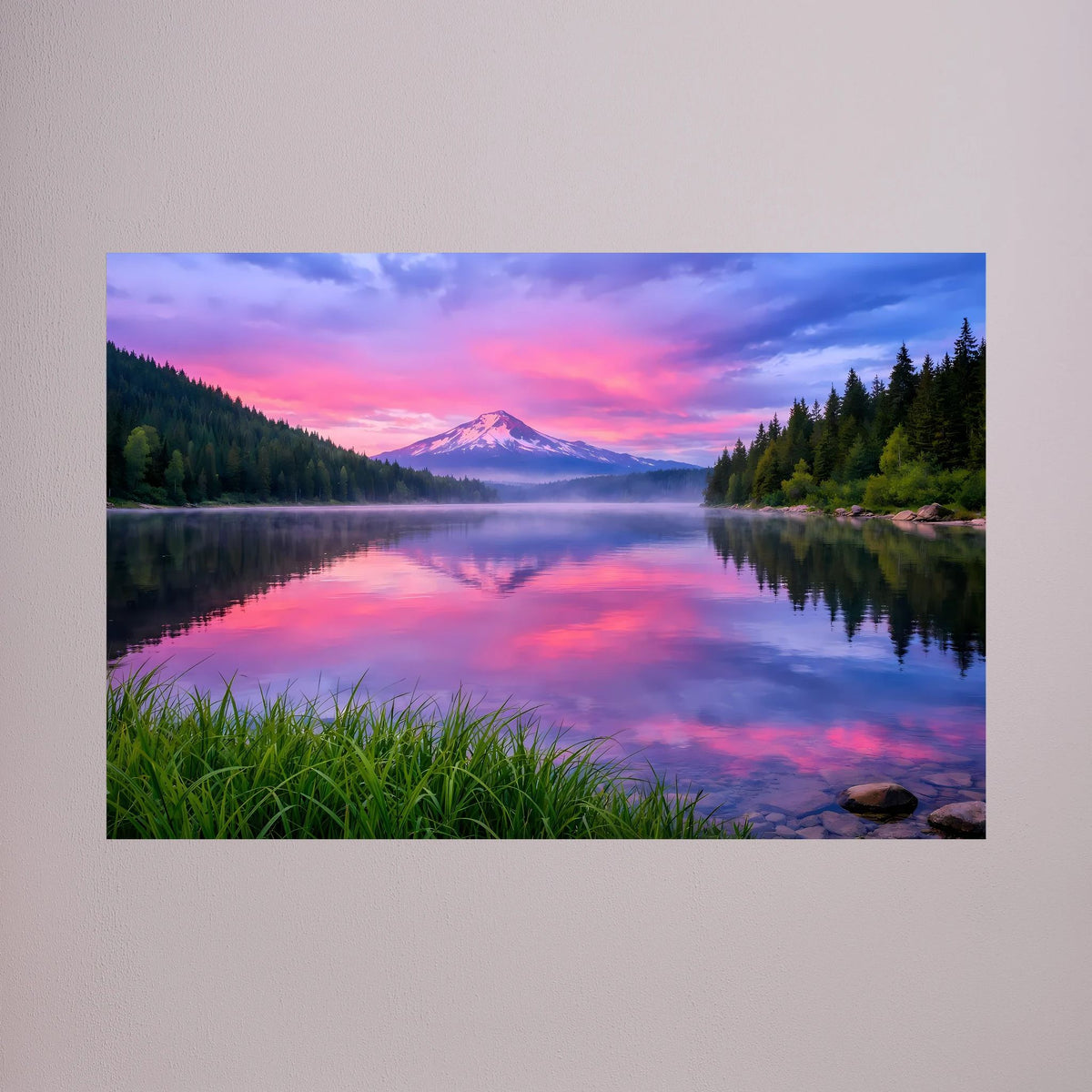 Poster im Querformat mit See- und Berglandschaft bei Sonnenuntergang, Spiegelung
