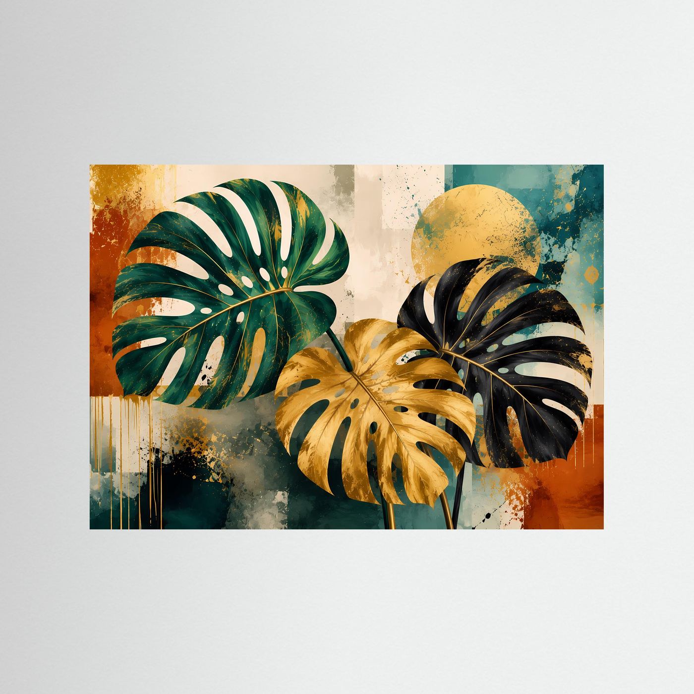 Luxuriöse Monstera Blätter in Grün, Gold & Schwarz | Abstrakte Botanische Kunst – Modernes Poster Querformat