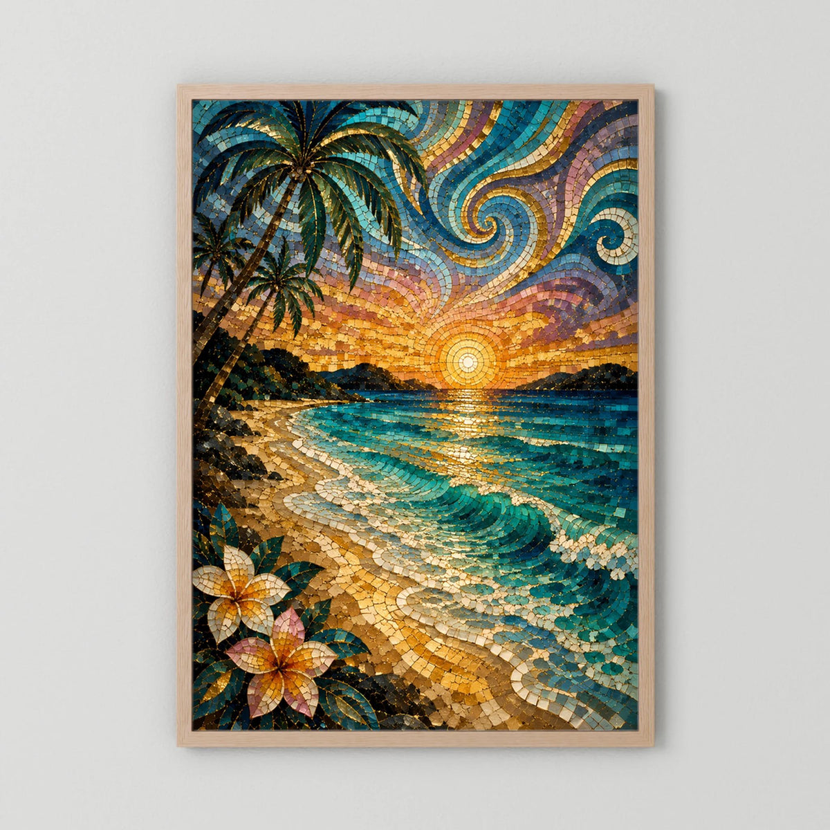 Poster im Holzrahmen mit Mosaikmotiv: Strand, Palmen, Wellen und strahlende Sonne am Horizont.