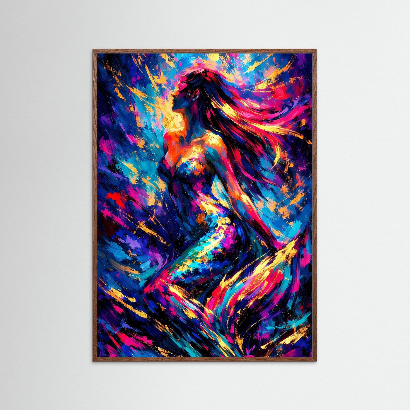 Gerahmtes Kunstposter (hellbrauner Holzrahmen) mit Frauensilhouette in Neonfarben und goldgelben Akzenten