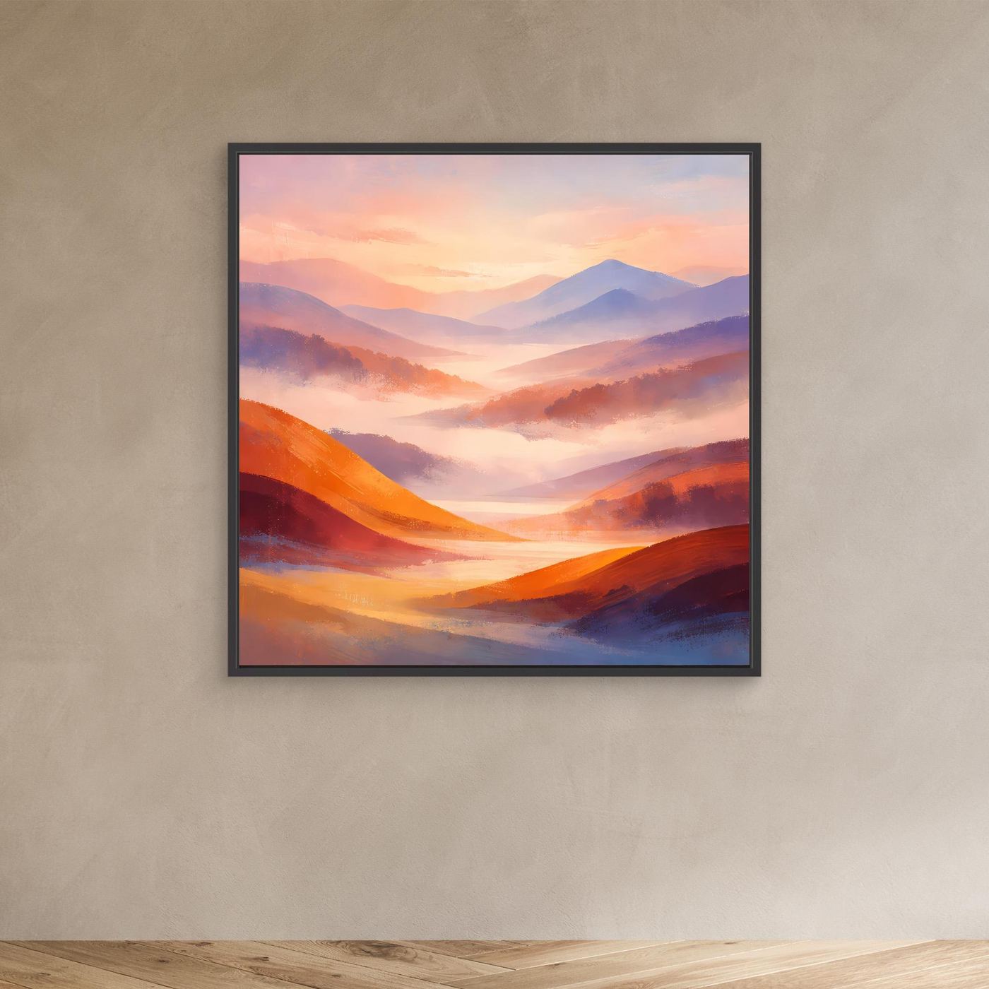Leinwandbild Berglandschaft in Pastell mit orangefarbenen Hügeln und schwarzem Rahmen