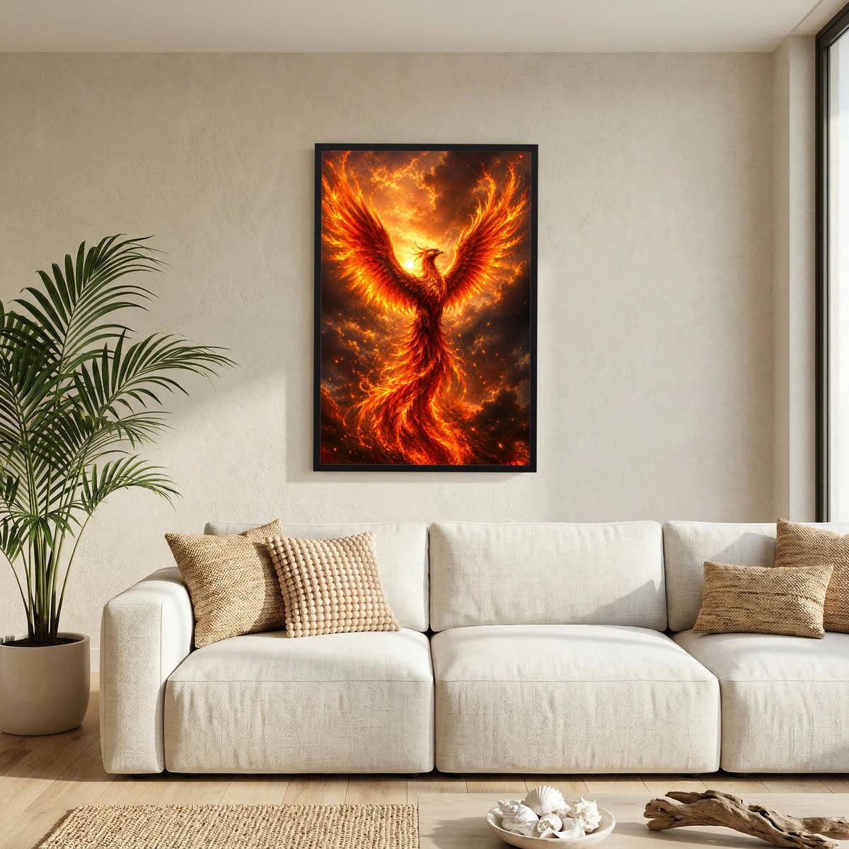 Hochformatposter: Phönix mit ausgebreiteten Flügeln, orange Feuerwirbel, schwarzer Rahmen