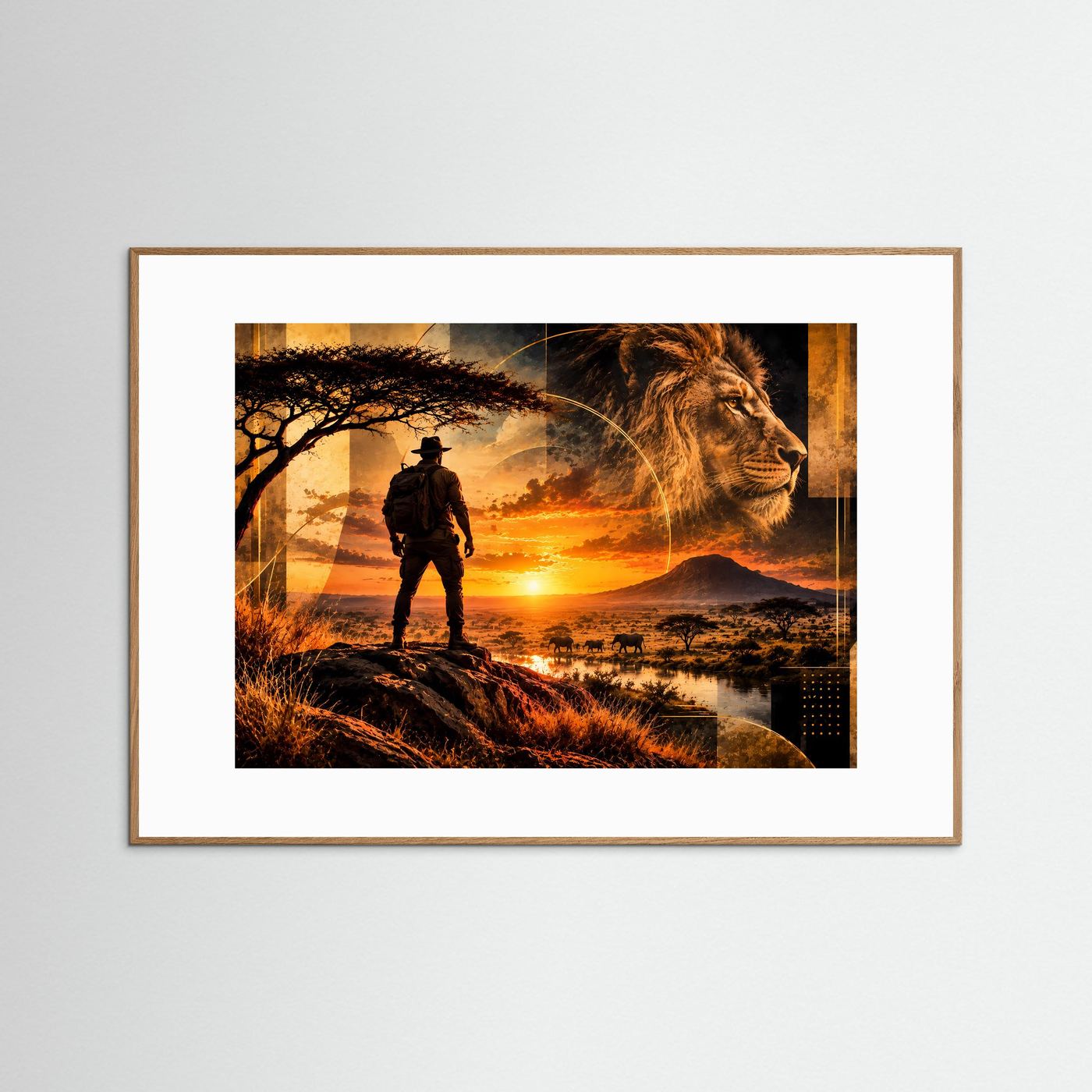 Gerahmtes Poster im Querformat mit Ranger-Silhouette und Löwenkopf bei Sonnenuntergang, Holzrahmen