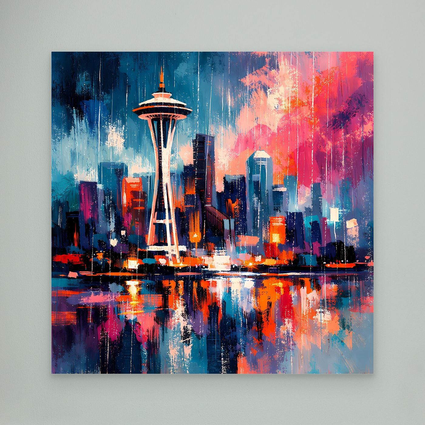 Wandbild Space Needle, abstrakte Skyline in Blau, Pink und Orange mit Wasserreflex