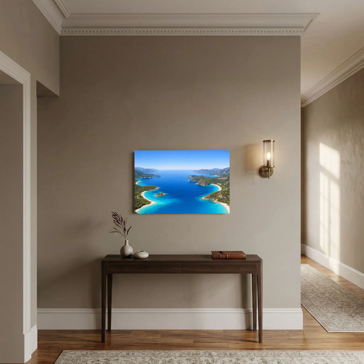 Poster mit Landschaftsfoto der Blauen Lagune, Querformat, türkisfarbenes Wasser