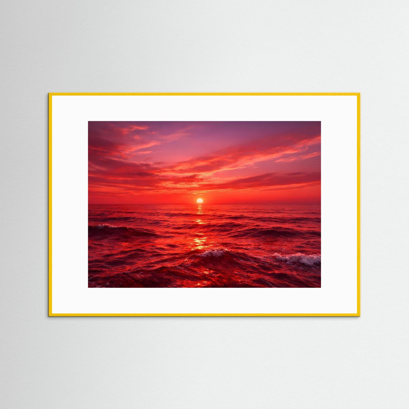Wandbild: roter Sonnenuntergang am Meer, gelber Rahmen mit weißer Umrandung