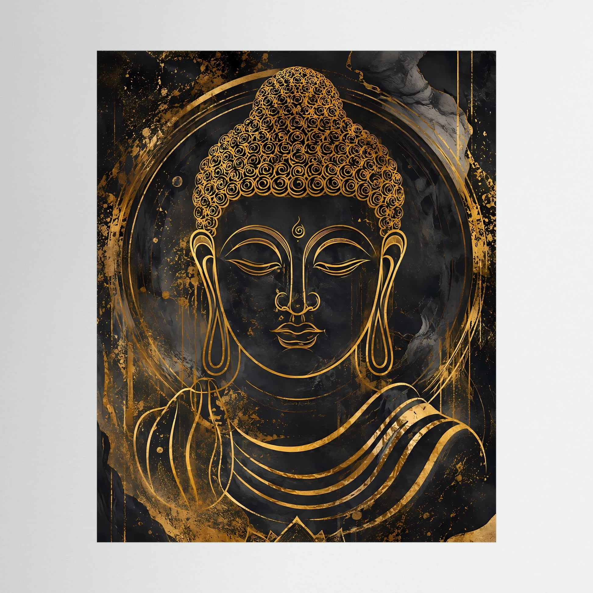Buddha-Poster im Hochformat mit goldener Büste auf dunklem Hintergrund