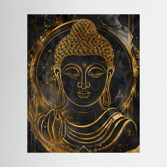 Buddha-Poster im Hochformat mit goldener Büste auf dunklem Hintergrund