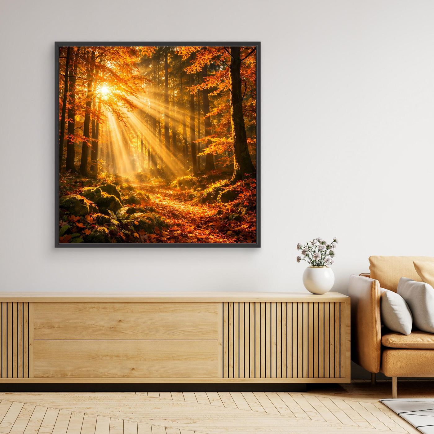 Leinwandbild Herbstwald mit Sonnenstrahlen, orangefarbene Blätter, schwarzer Rahmen