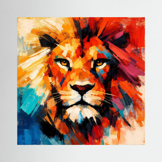 Abstraktes Löwenkopf-Wandbild mit roten, blauen und orangefarbenen Pinselstrichen