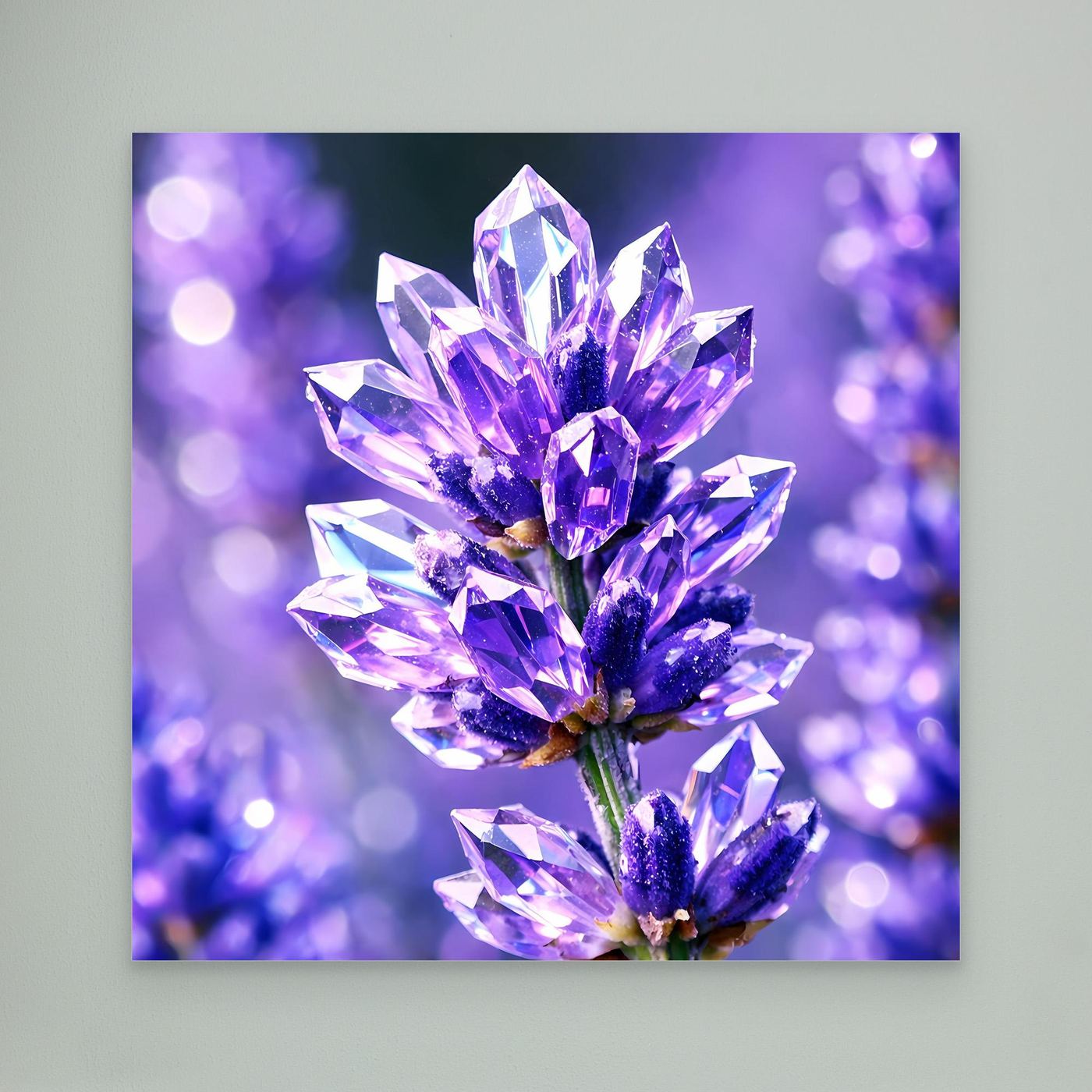 Leinwandbild mit abstrakter Kristallblumen-Darstellung in Lavendel und Violett, ohne Rahmen