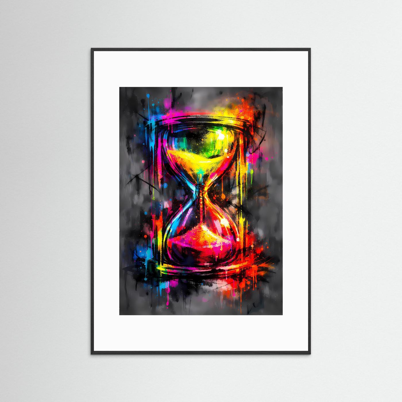 Die Farbe der Zeit | Neon-Sanduhr Poster in bunten Farben & Graffiti-Optik | Abstraktes Kunstposter Hochformat