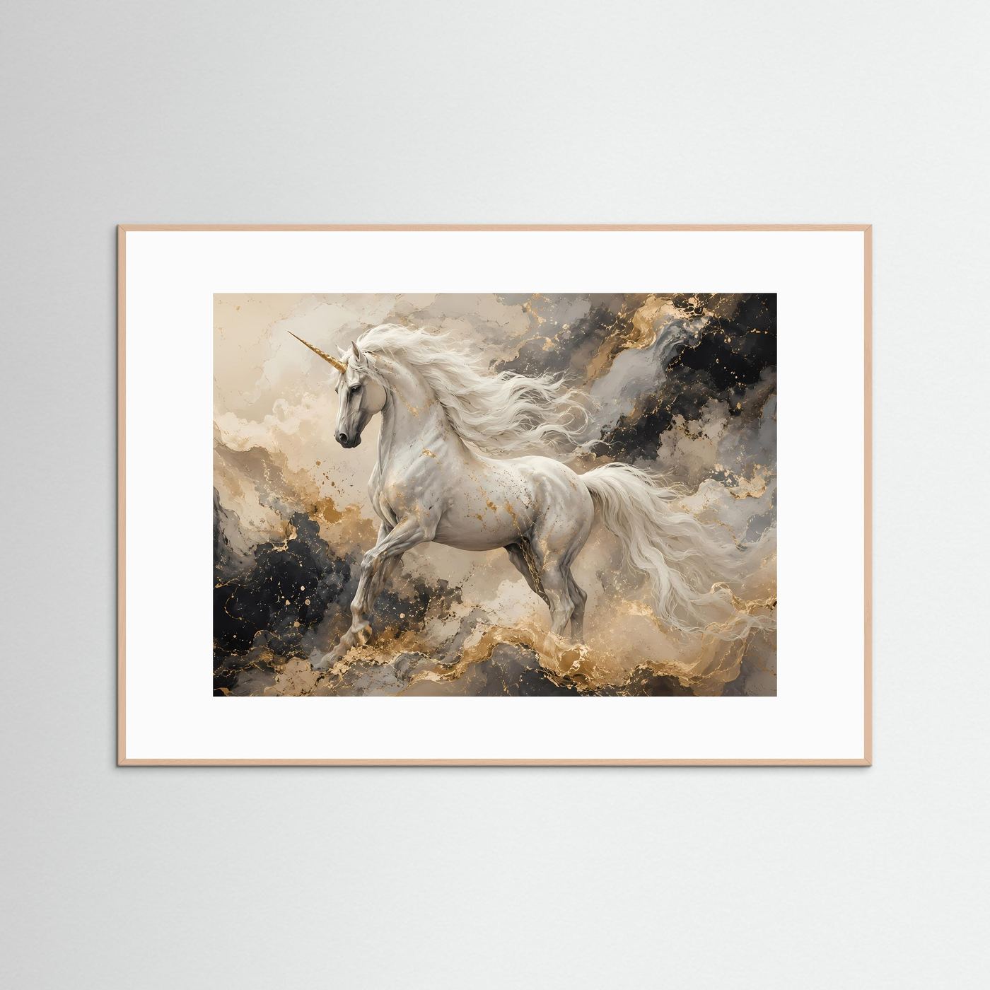 Einhorn Wandbild Weiß Gold | Mystische Fantasy Wandkunst | Elegantes Abstraktes Leinwandbild | Magisches Unicorn Poster | Premium Fine Art