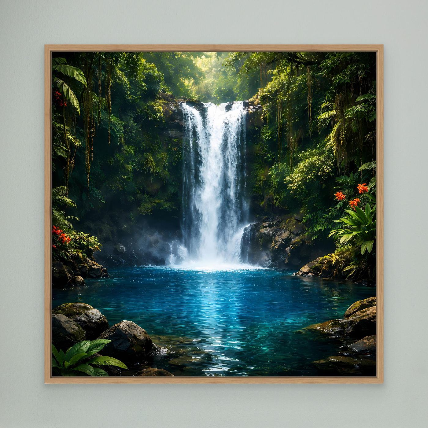 Leinwandbild mit Dschungel-Wasserfall und türkisblauem Wasser, Holzrahmen in Eiche