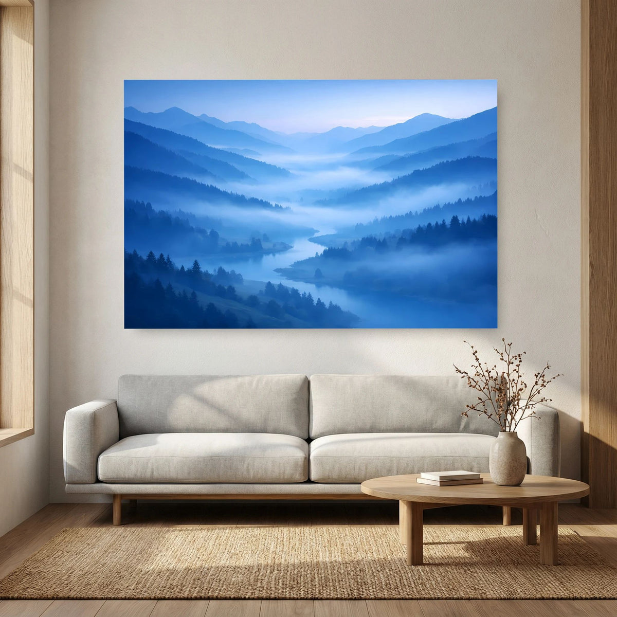 Poster im Querformat mit nebligem Flusstal zwischen Bergwäldern