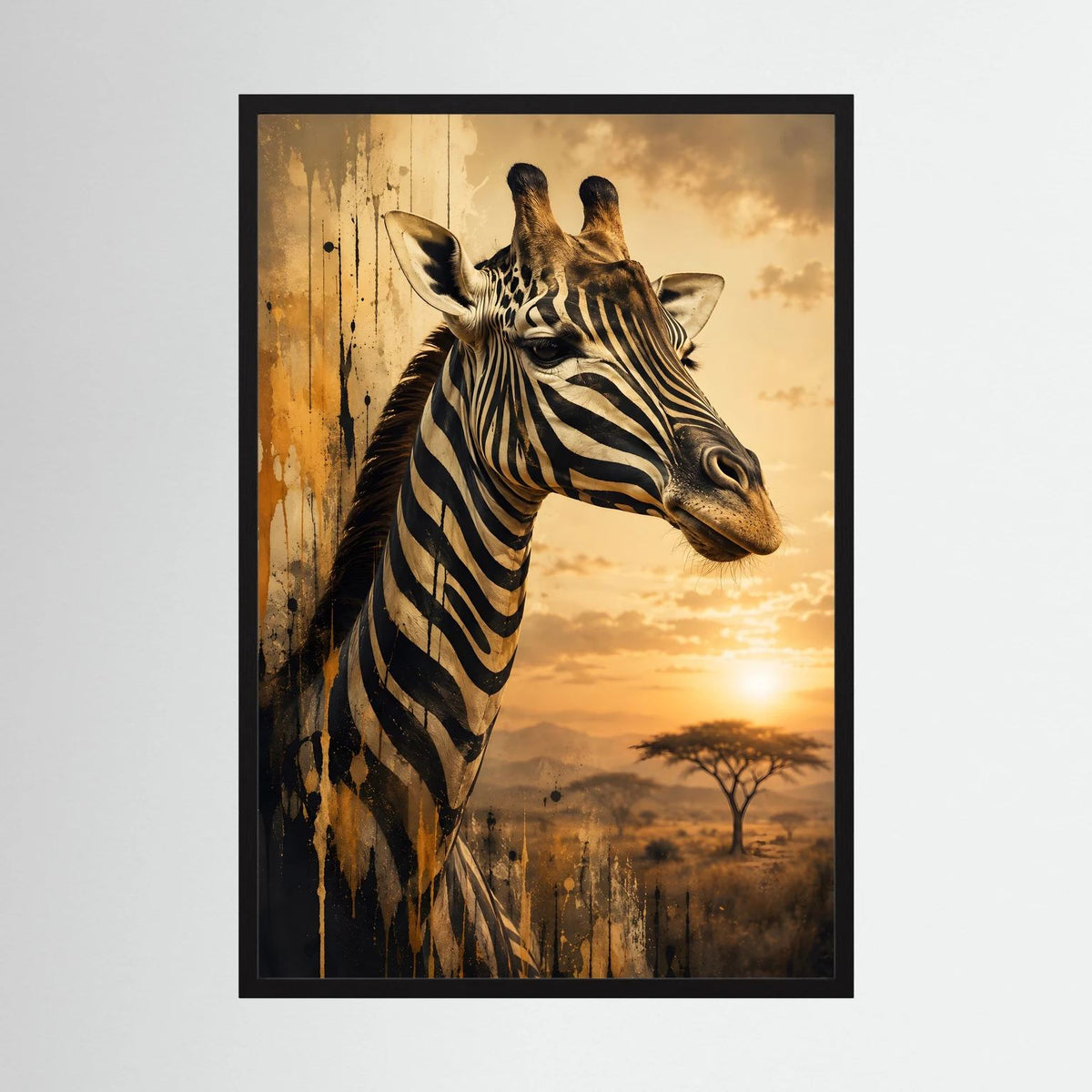 Tierposter im Hochformat: Giraffe im Zebra-Look, im schwarzen Holzrahmen
