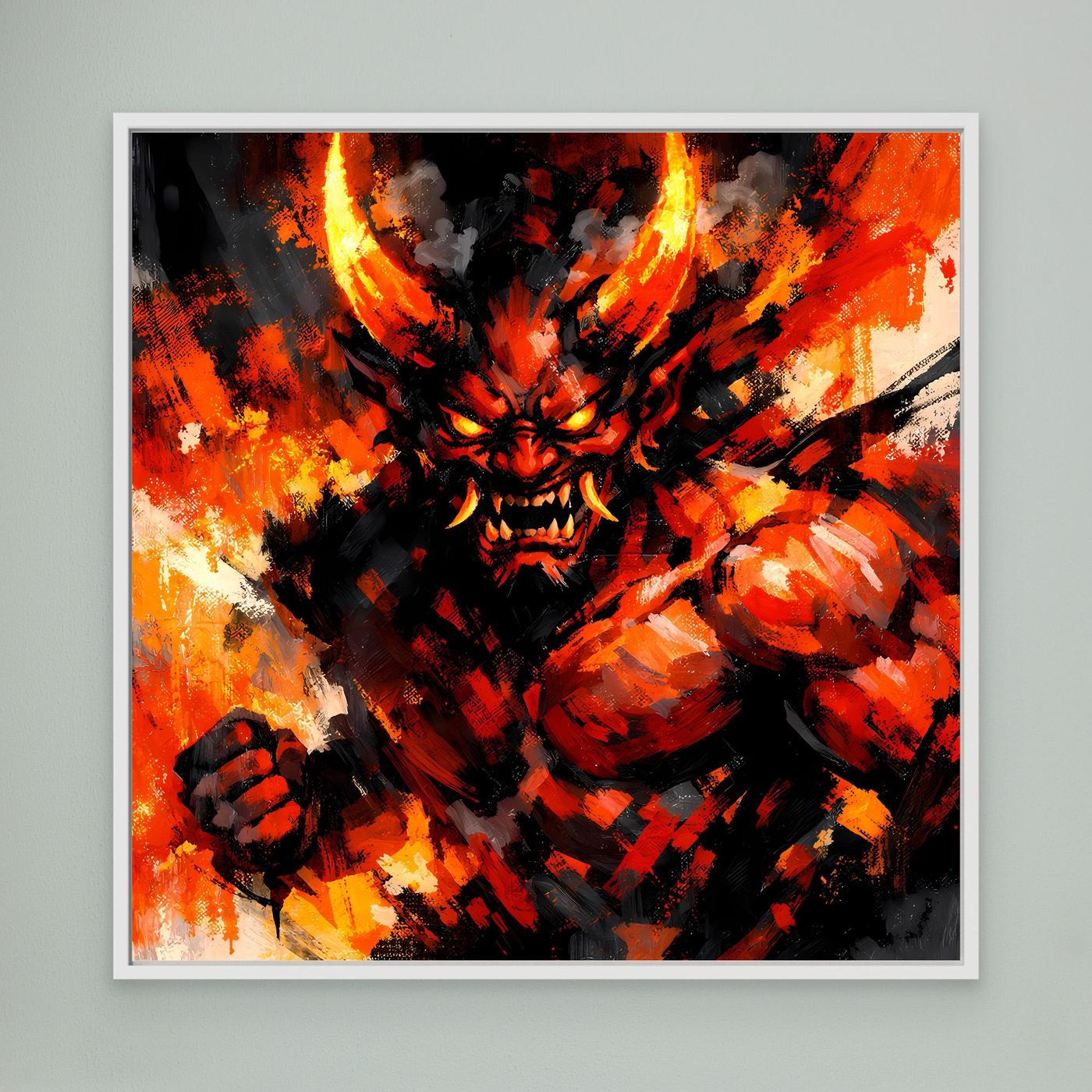 Leinwand Feuriger Dämon | Expressionistisches Fantasy Oni Wandbild