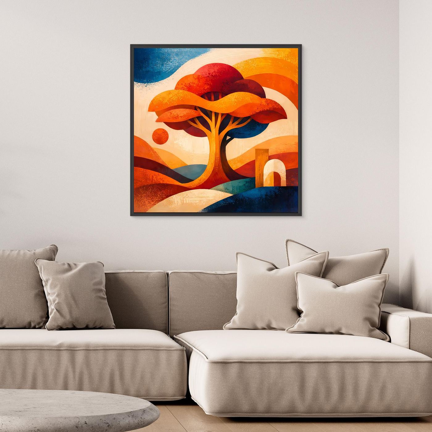 Gerahmtes Leinwandbild Lebensbaum abstrakt: warmes Orange, Rot und Blau mit Formen