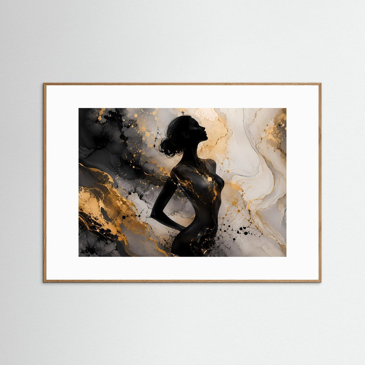 Wandbild mit abstrakter Frauensilhouette in Gold-Schwarz und Marmoreffekt, braun gerahmt