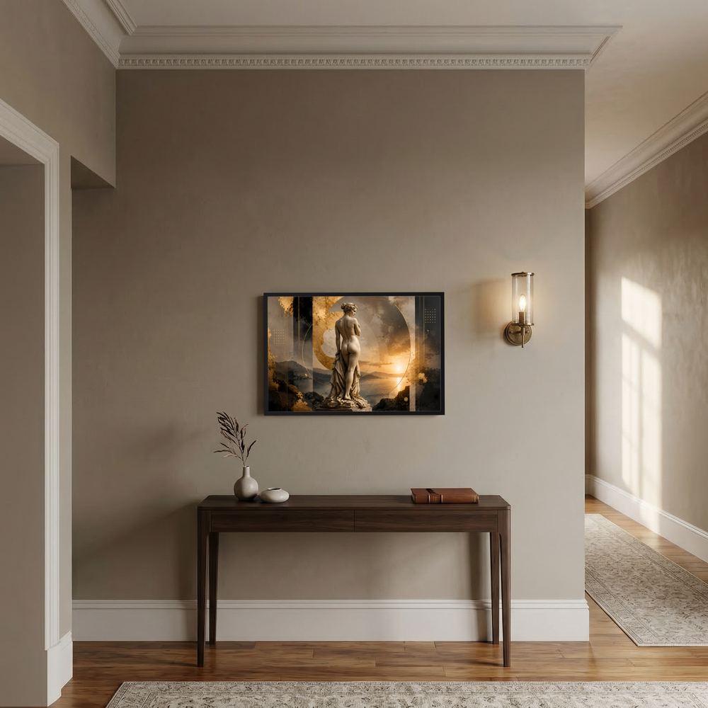 Querformat-Poster mit gold-schwarzer Göttinnen-Skulptur im schwarzen Rahmen.