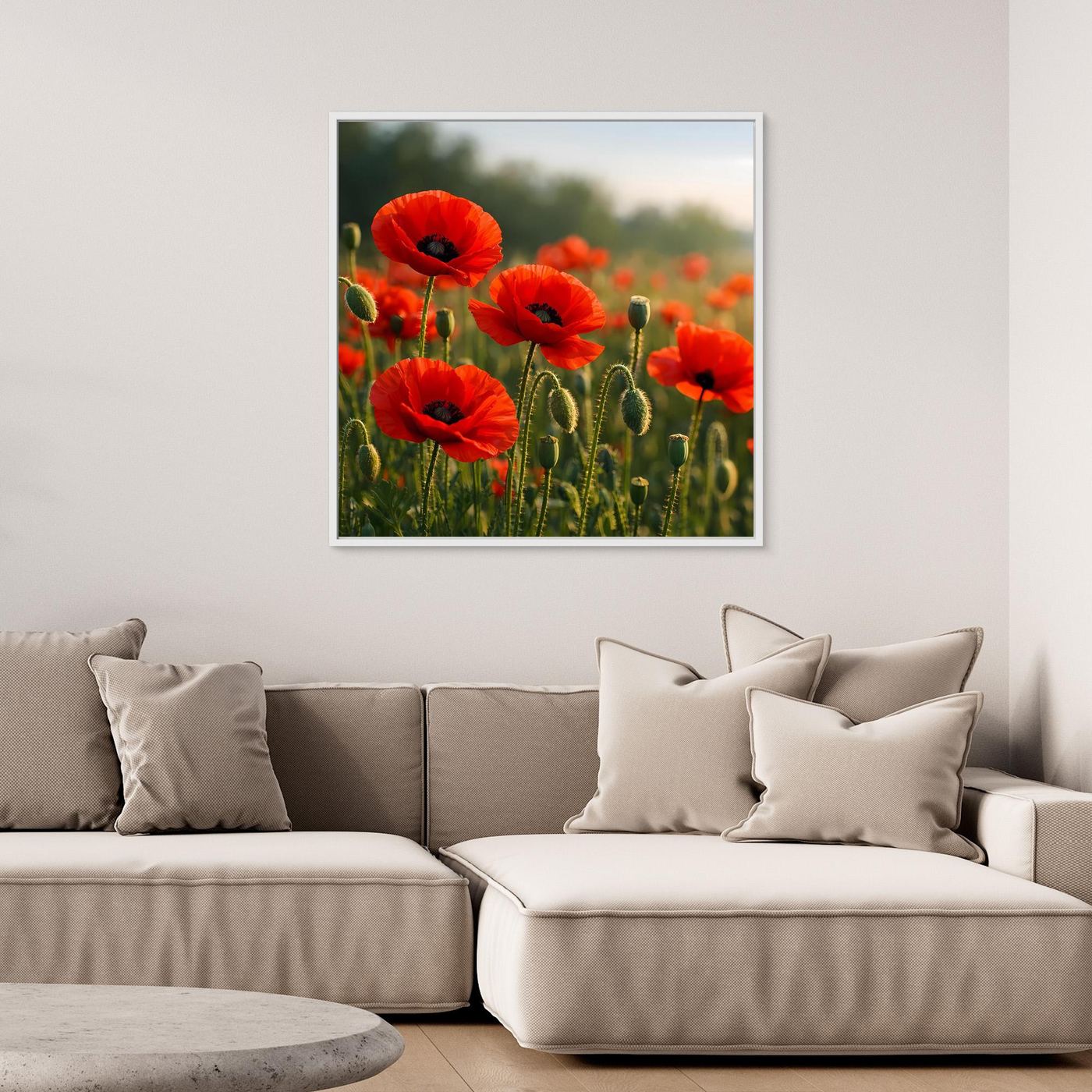 Leinwand-Wandbild mit roten Klatschmohnblüten im grünen Feld, mit weißem Rahmen