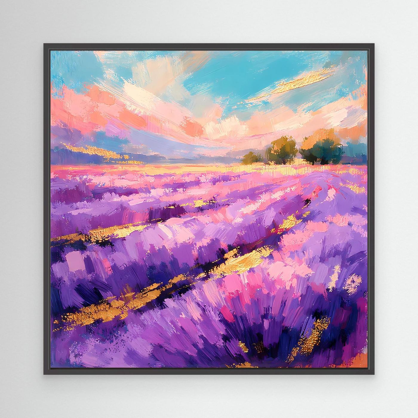 Abstraktes Leinwandbild mit violettem Lavendelfeld, im schwarzen Rahmen