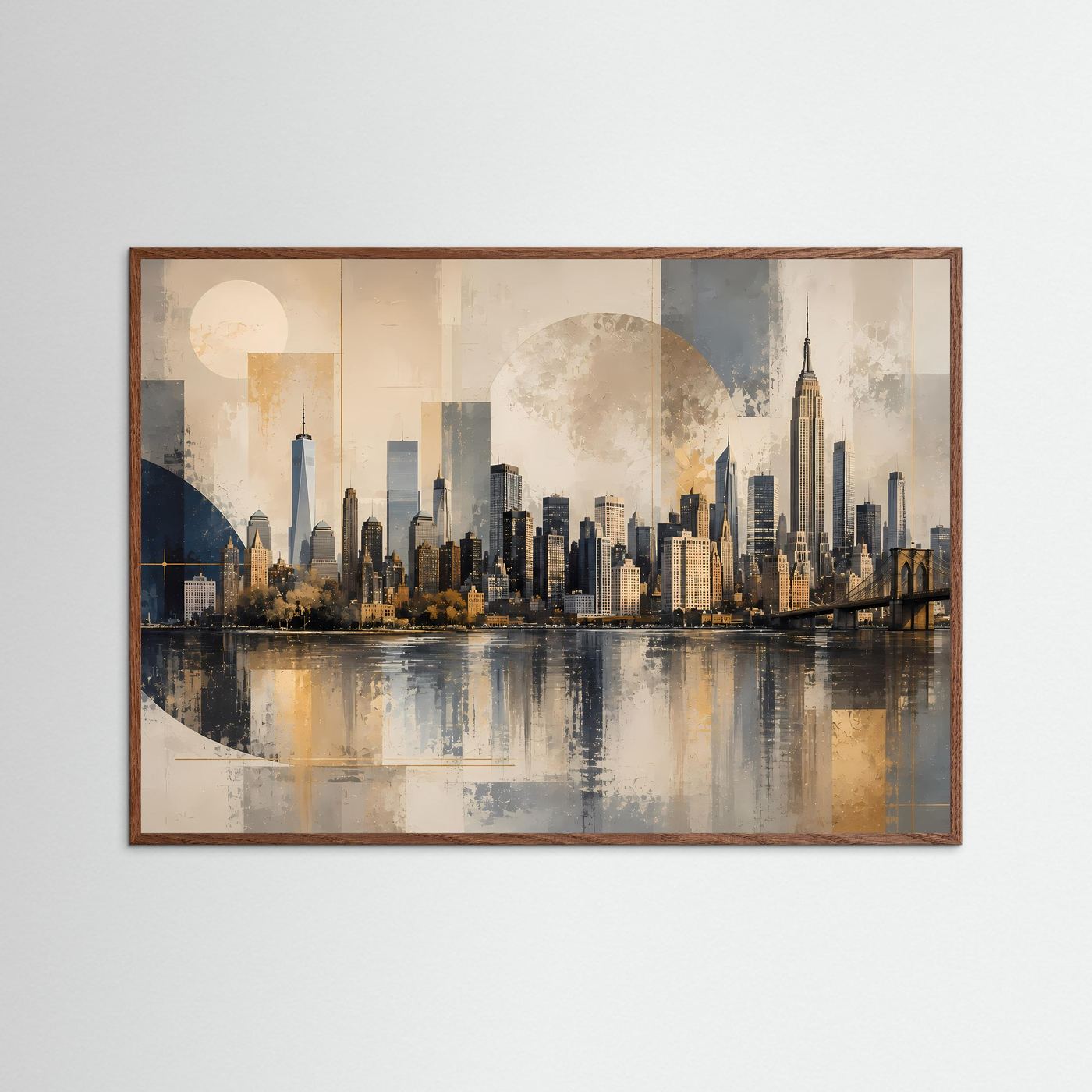Moderne Skyline von New York in Beige & Gold | Architektur & Stadt-Wandbild