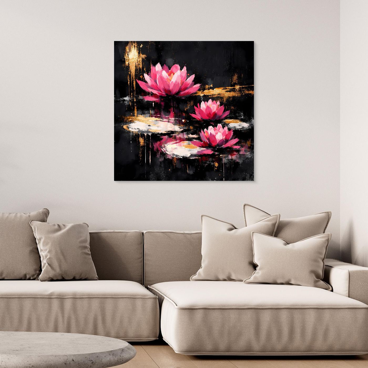 Leinwand Magische Lotusblüten auf dem Wasser | Modernes Abstraktes Seerosen Wandbild