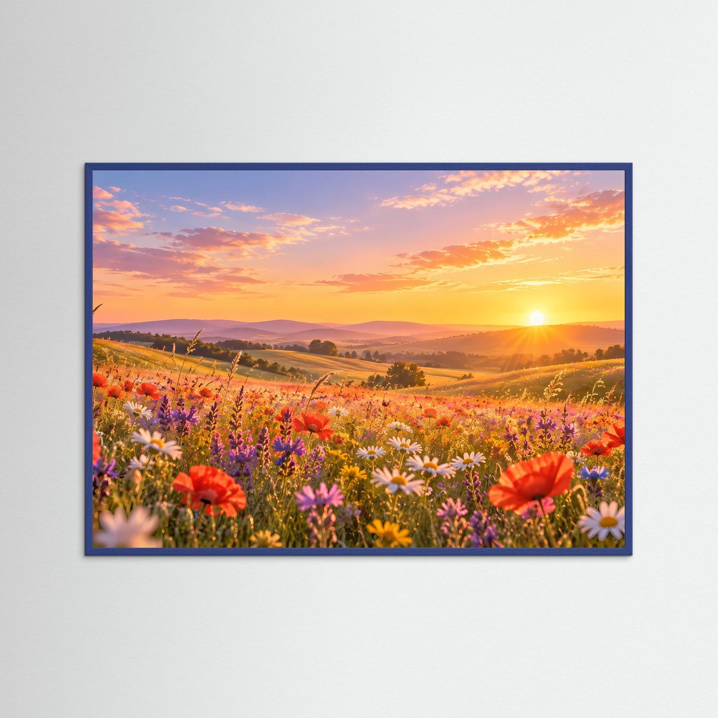 Landschaftsbild mit blauer Einfassung: Mohn- und Wildblumenfeld bei Sonnenuntergang