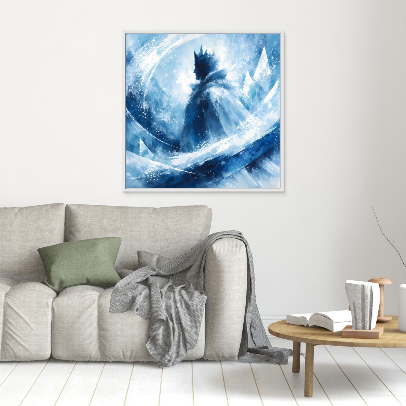 Leinwandbild mit abstraktem Wintermotiv in Blau, Silhouette mit Krone, weißer Rahmen, klein