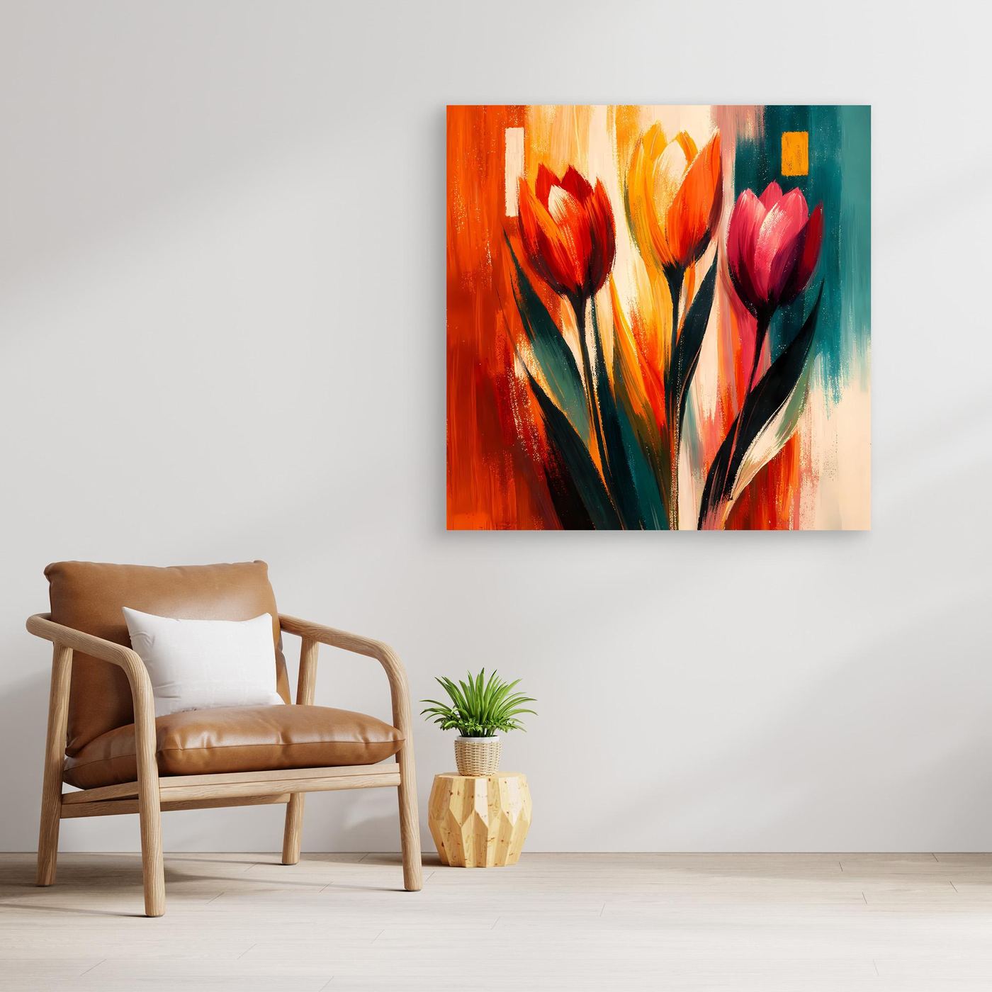 Wandbild mit abstrakten Tulpen auf Leinwand, bunte Blüten, heller Rahmen