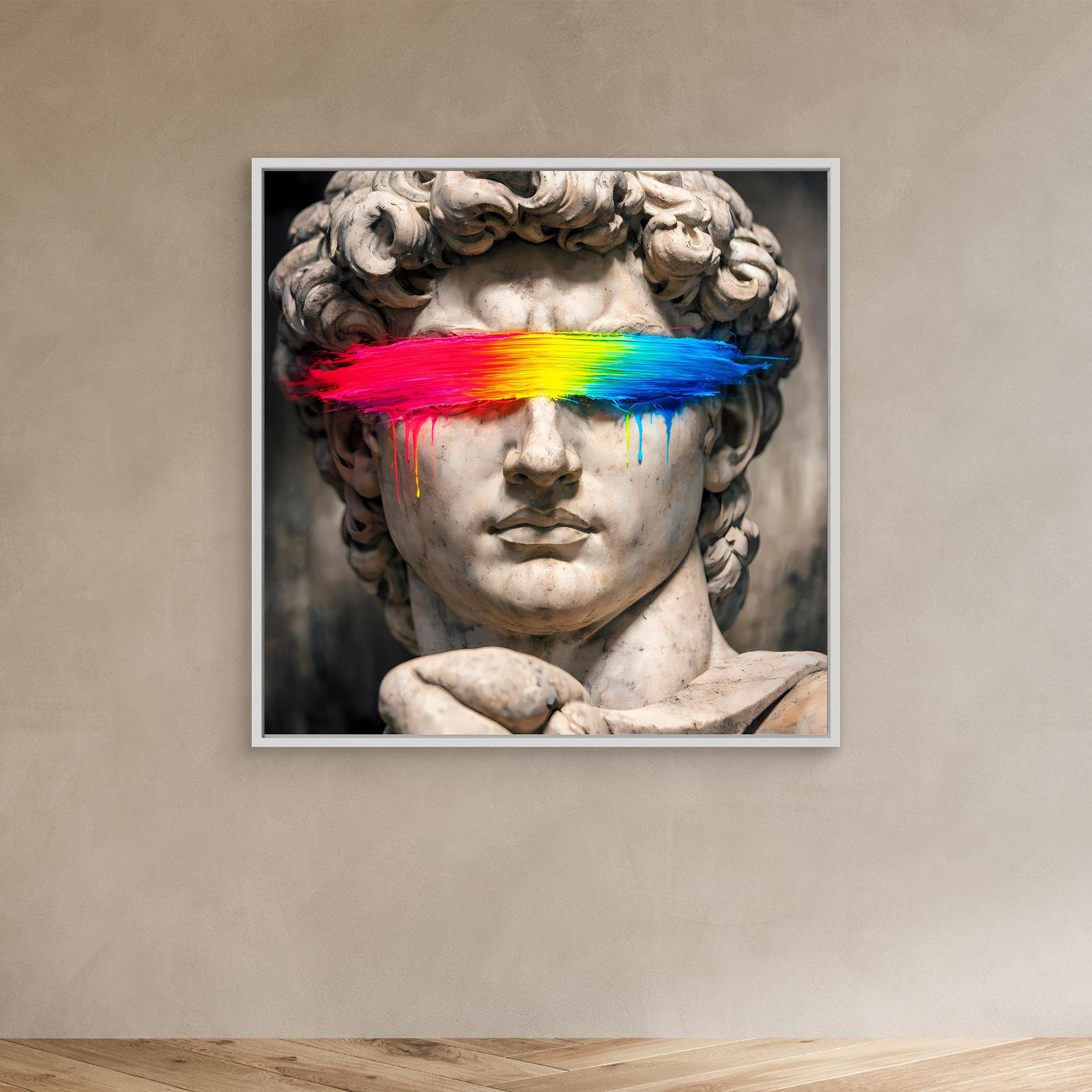 Leinwandbild mit David-Statue und Regenbogen-Farbbalken, silbernes Rahmen-Feeling