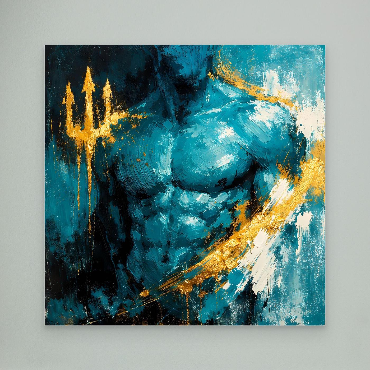 Leinwand Kraftvoller Poseidon in Türkis | Abstraktes Meeresgott Wandbild Gold