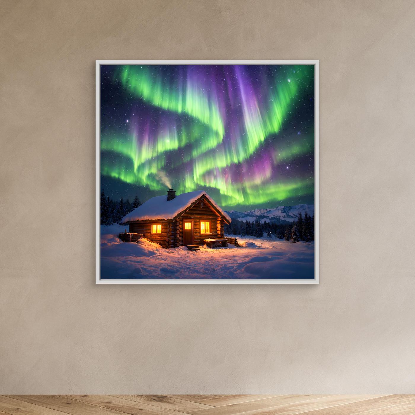Leinwandbild mit Polarlichtern und Hütte im Winter, weißer Rahmen, warm beleuchtete Fassade