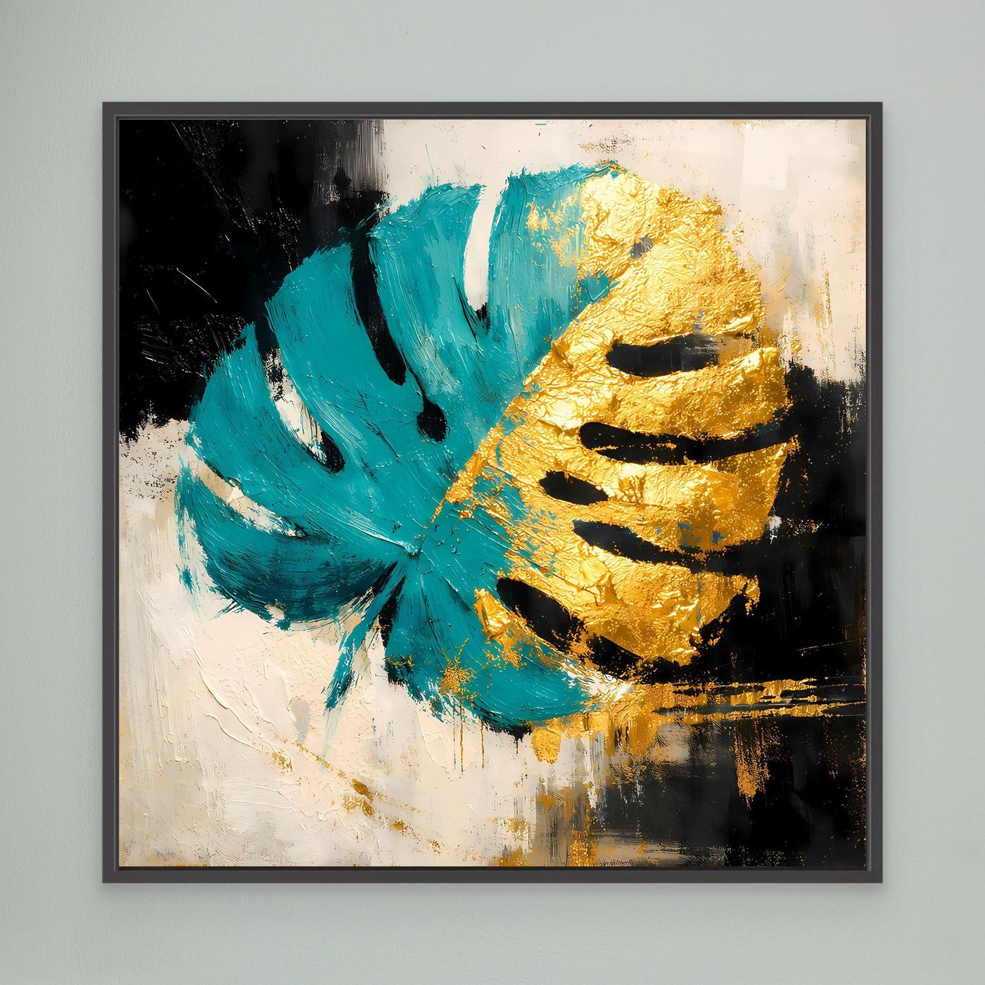 Leinwand Abstraktes Monstera Gemälde in Türkis und Gold | Modernes Botanik Wandbild