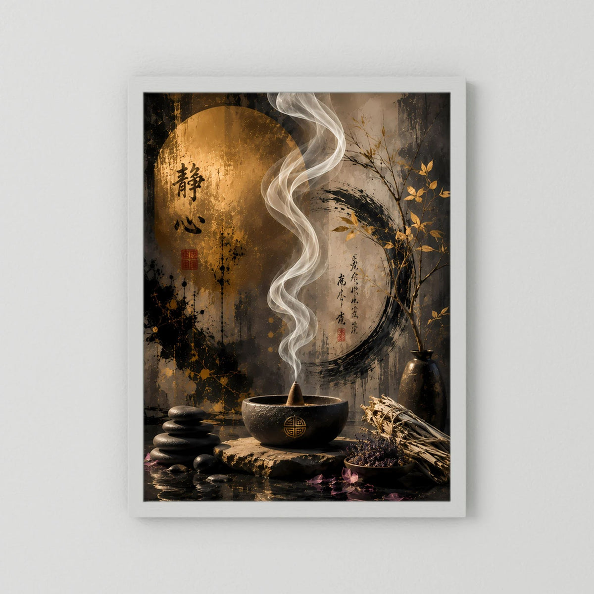 Hochformatiger Kunstdruck mit weißem Rand: goldener Kreis, Rauchfaden, Räucherschale und Steine.