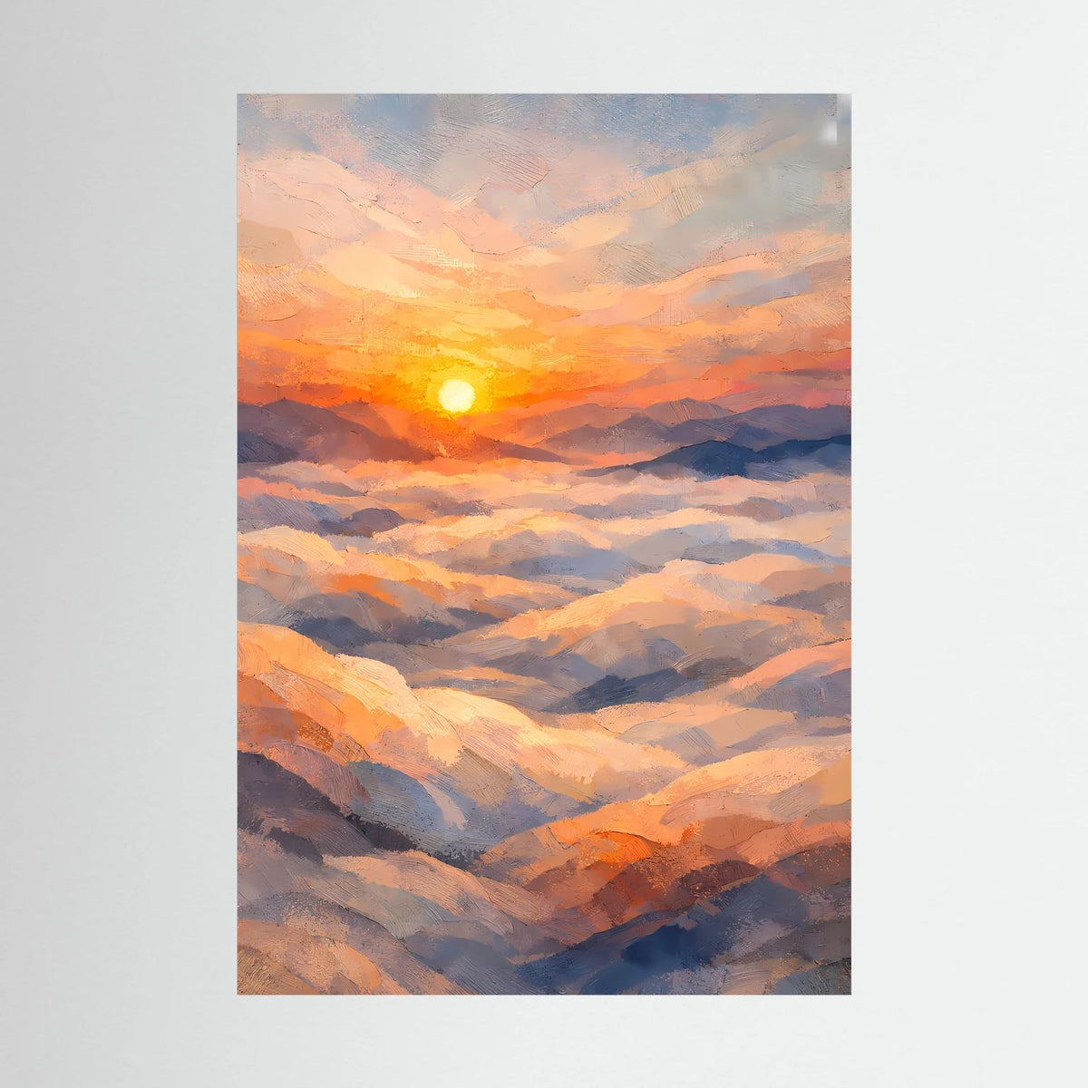 Hochformatiges Landschafts-Poster mit Sonnenuntergang über Wolken, pastellfarben