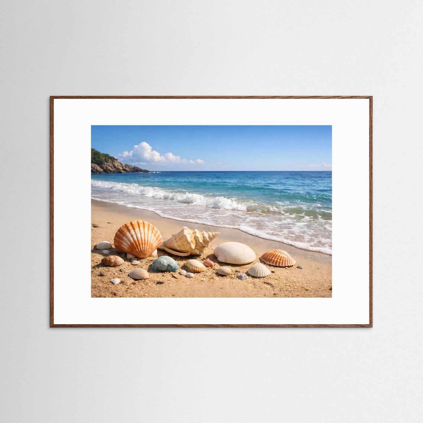 Poster im Querformat: Muscheln am Sandstrand, dunkle Holzrahmung