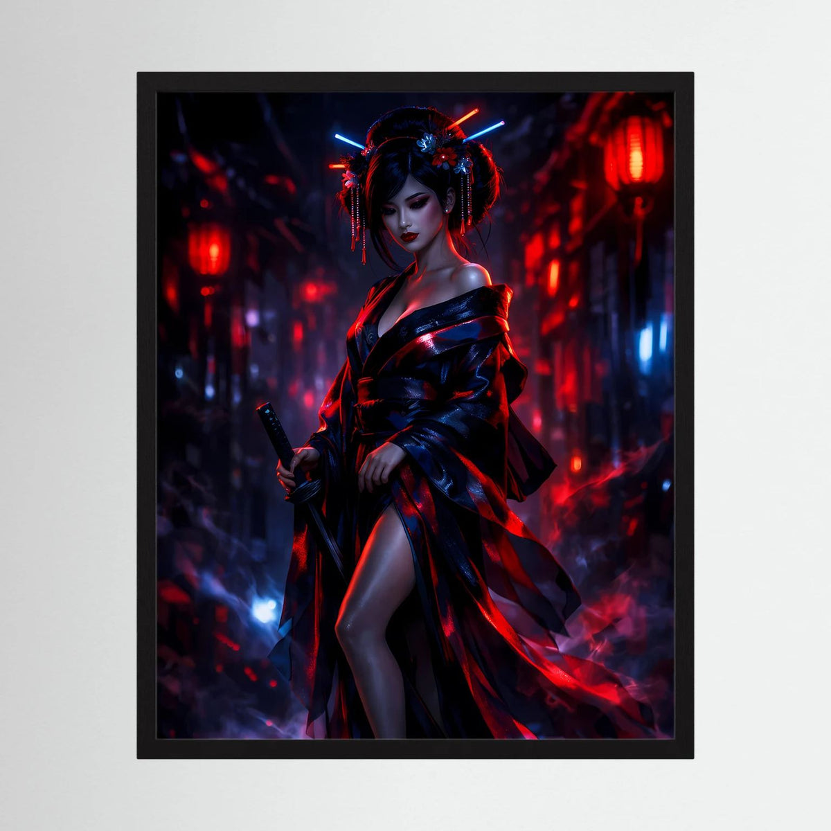 Neon-Portraitposter: Samurai-Kriegerin mit Katana, auffällige rot-blaue Leuchteffekte im schwarzen Rahmen