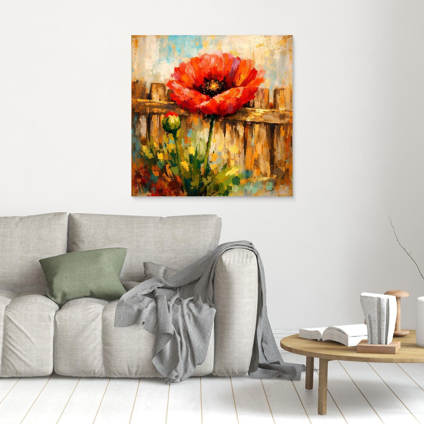 Leinwandbild mit abstrakter roter Mohnblume und grünen Stielen